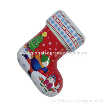 Christmas Socks-shaped Tin Boxes, CMYK Offset Printing, Meets FDA/LFGB/EN71 Standards